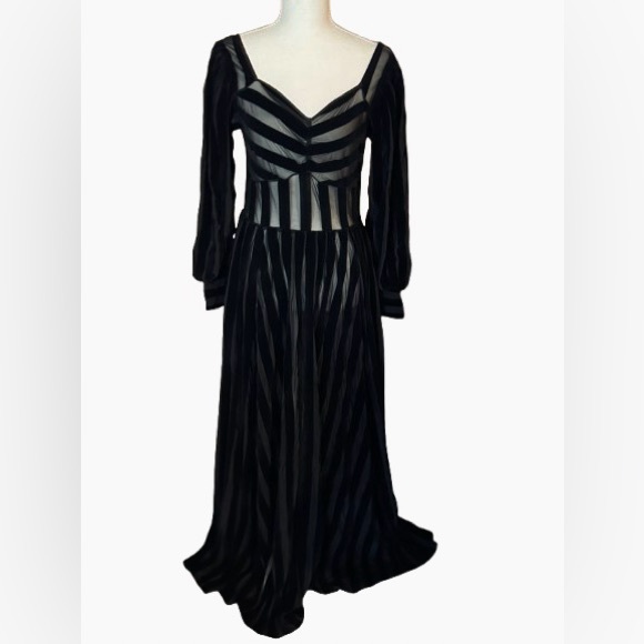 Foxblood Medium Velvet Velour Striped Sheer Gown Peasant Gothic Vintage Maxi - Picture 3 of 16